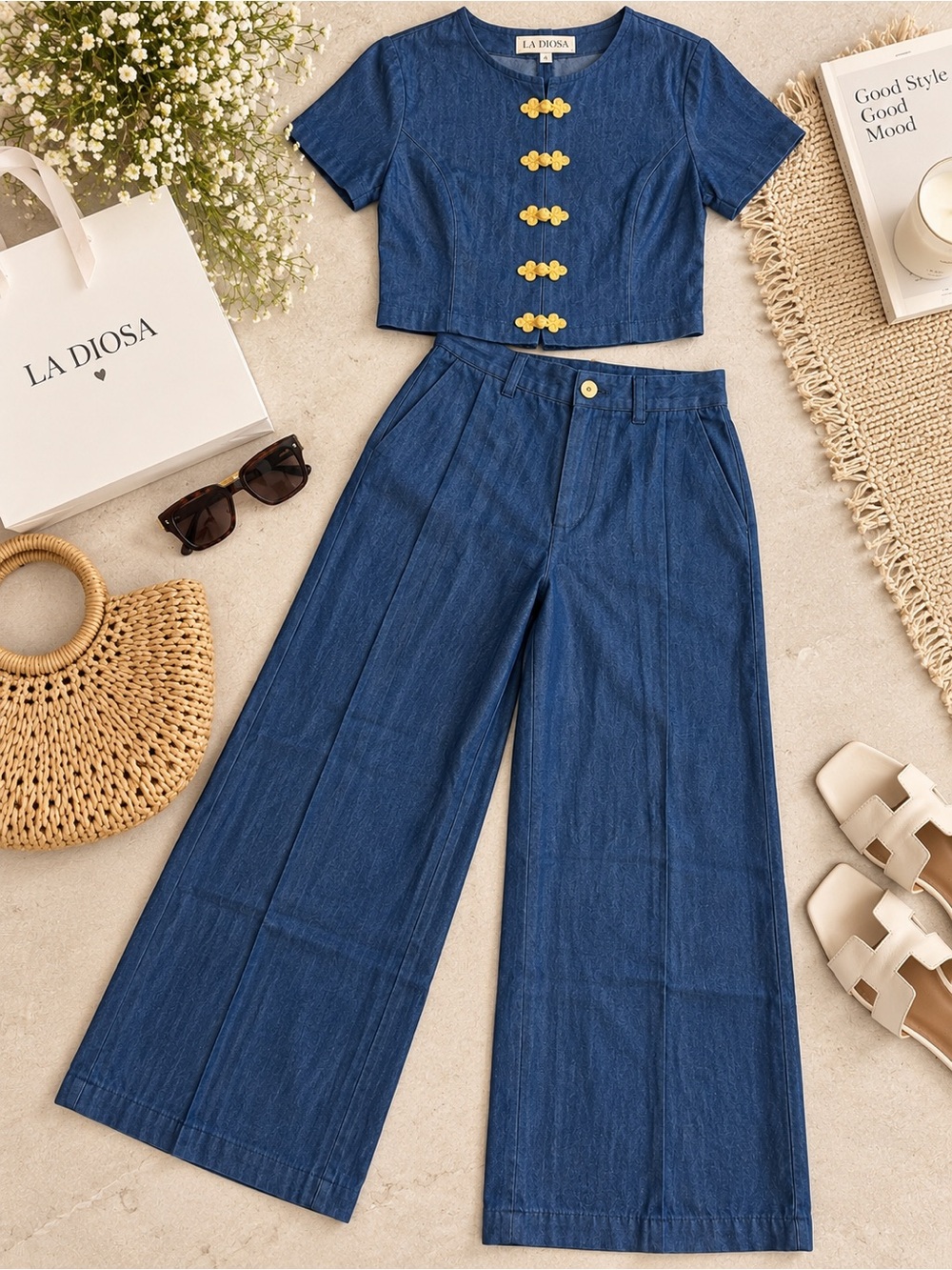 Blue Wide-Leg Denim Pants with Coordinating Crop Top